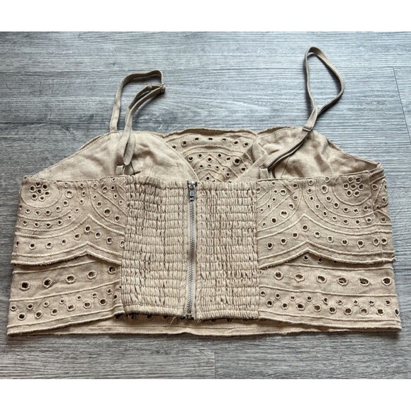 NWT Jason Wu Women Spaghetti Strap Linen Eyelet Smocked Crop Top Sand NWOT Sz 6 - Picture 3 of 8